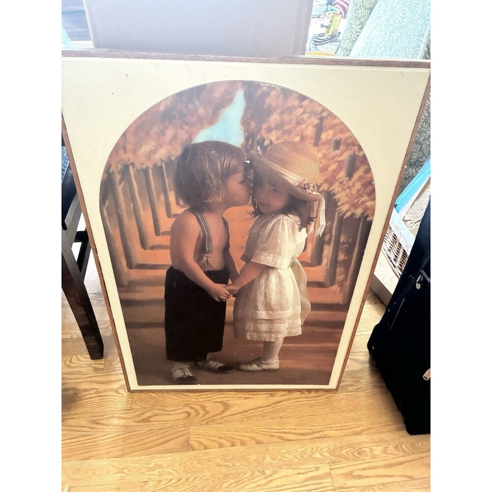 Large Framed Romantic Children Print Boy Kissing Girl Wall Art 33x23 Vintage